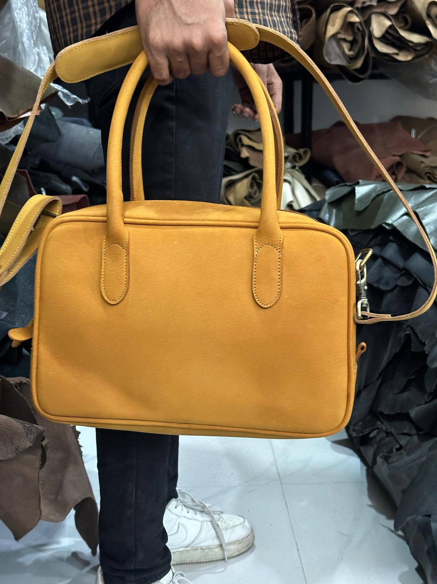 Handmade Mustard Yellow Leather Laptop Bag: Full-Grain Cowhide