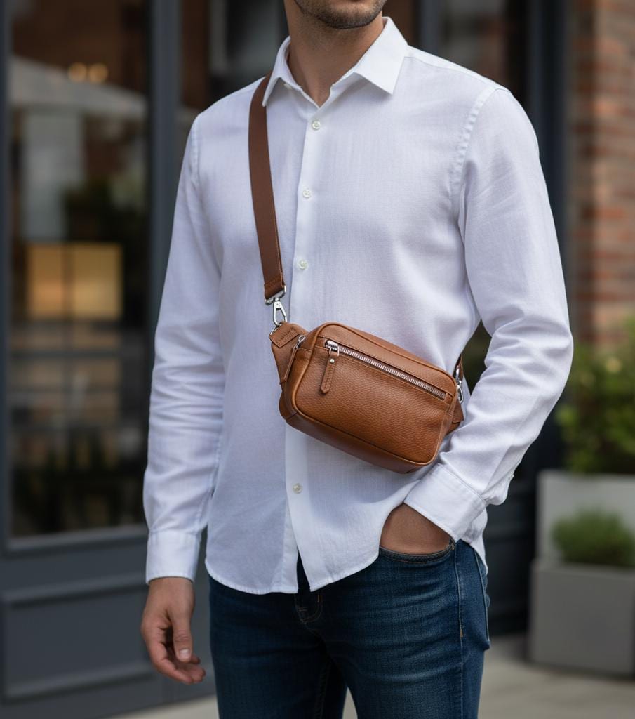 Unisex Leather Crossbody Sling Bag | Modern Minimalist Travel Bag | Brown Everyday Sling Purse