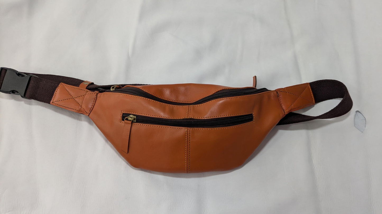 Handmade Leather Fanny Pack: Brown Crossbody Belt Bag with 3 Zipper Pockets