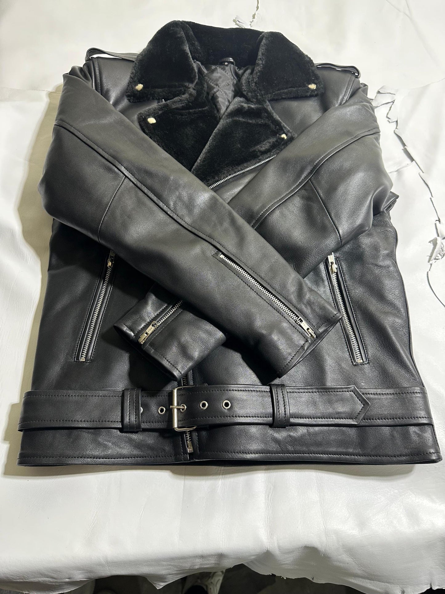 Handmade Genuine Leather Jacket for Men with Fur Collar – Vintage Winter Coat