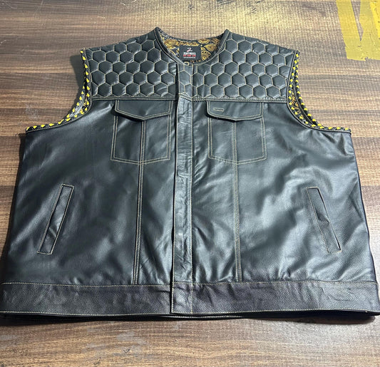 Black Leather Biker Vest: Quilted Design, Motorcycle Club Vest