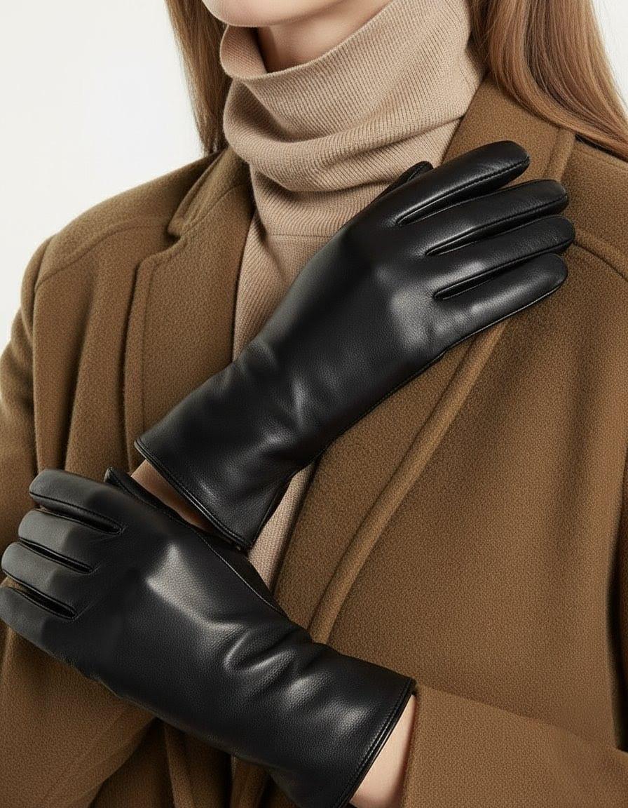 Luxury Black Sheepskin Leather Gloves: Women's Classic Warm Driving Gloves