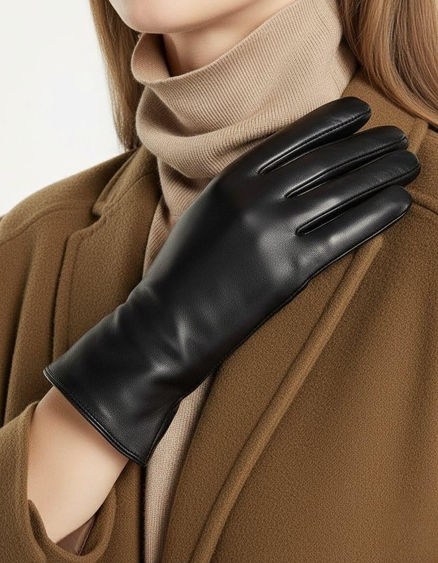 Luxury Black Sheepskin Leather Gloves: Women's Classic Warm Driving Gloves