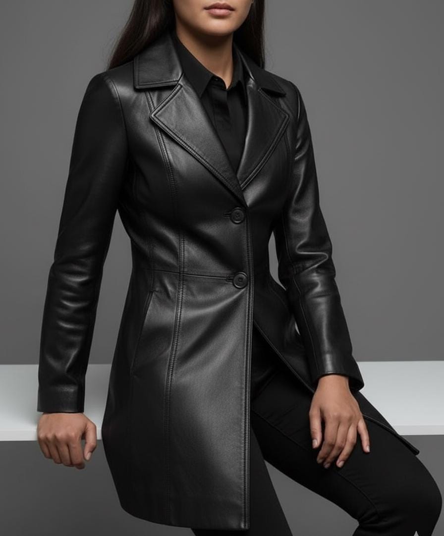 Handmade Black Cow Leather Trench Coat - Elegant Winter Overcoat