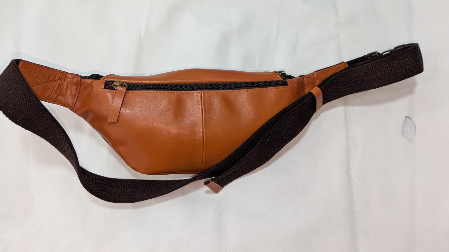 Handmade Leather Fanny Pack: Brown Crossbody Belt Bag with 3 Zipper Pockets