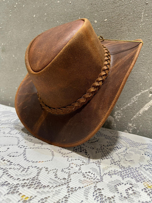 Handmade Vintage Leather Cowboy Hat – Western Outback Style with Braided Band