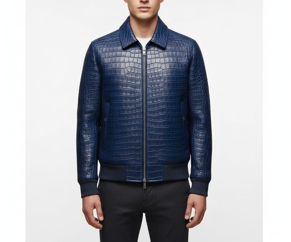 Handmade Blue Crocodile Embossed Leather Bomber Jacket