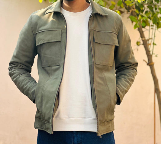 Olive Green Nubuck Leather Jacket: Men's Military Style Outerwear