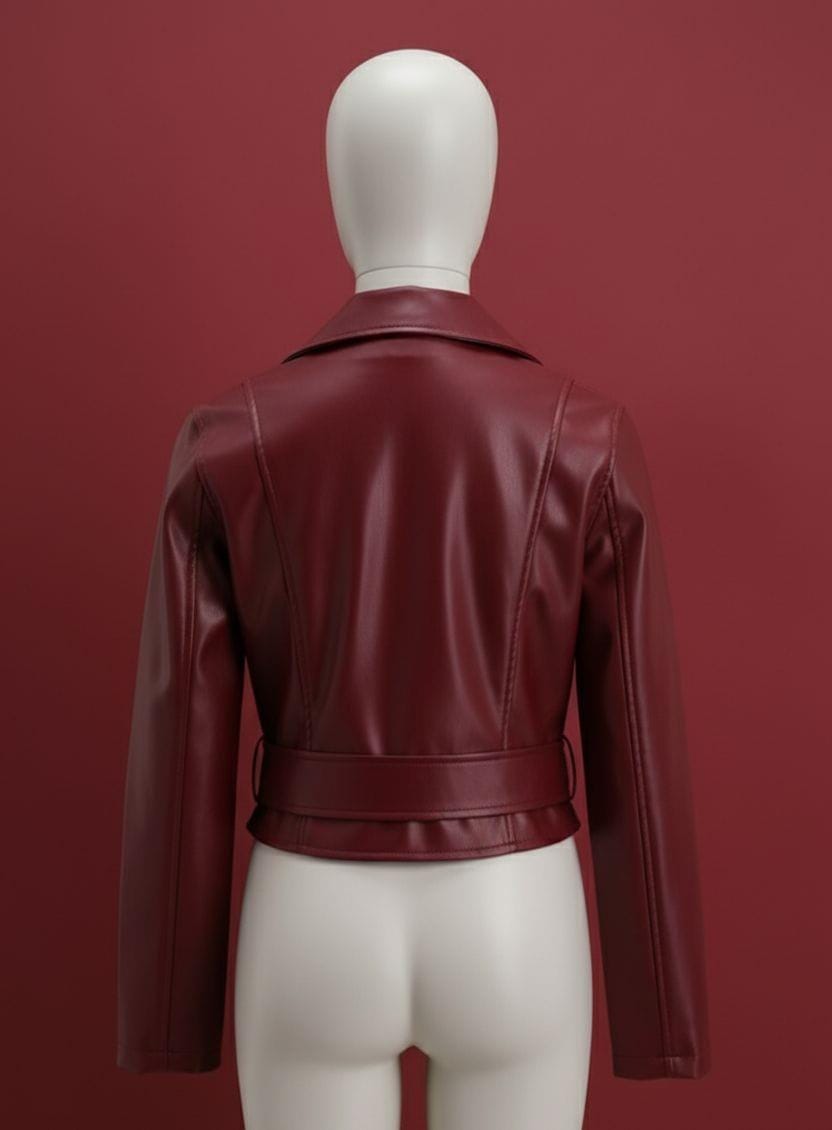 Maroon Leather Biker Jacket: Women's Cropped Moto Coat with Belt