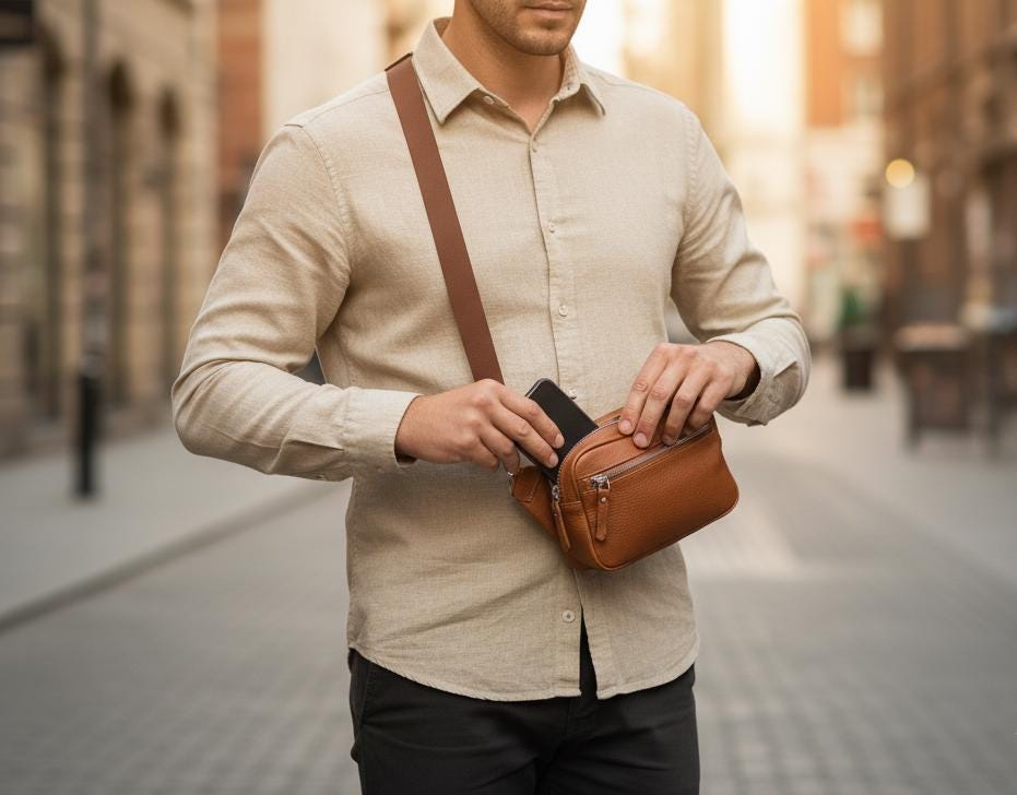 Unisex Leather Crossbody Sling Bag | Modern Minimalist Travel Bag | Brown Everyday Sling Purse