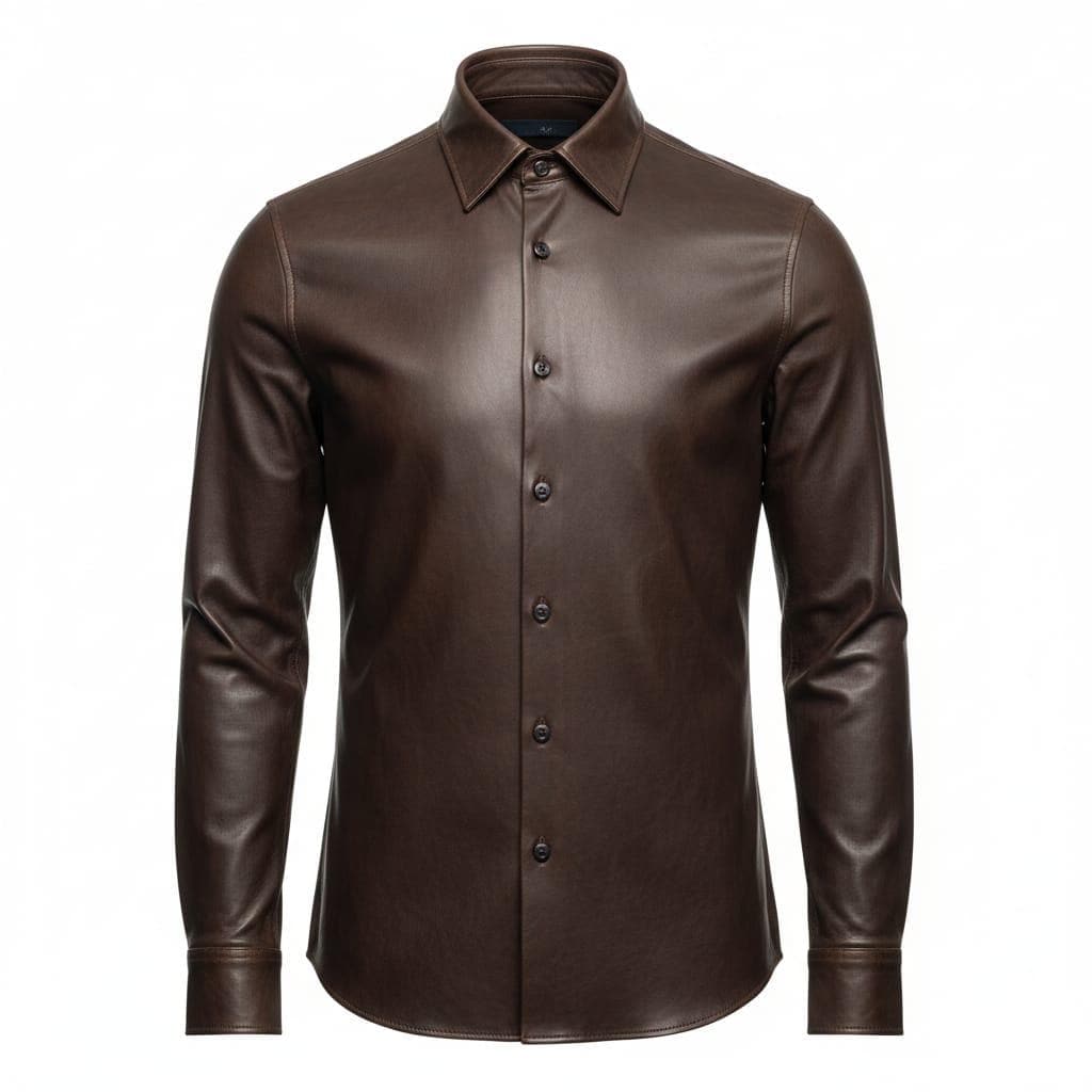 Men's Brown Leather Button-Up Shirt: Stylish Long Sleeve