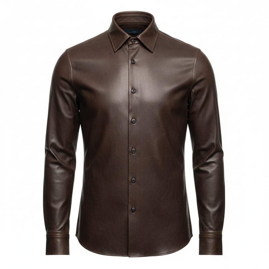 Men's Brown Leather Button-Up Shirt: Stylish Long Sleeve