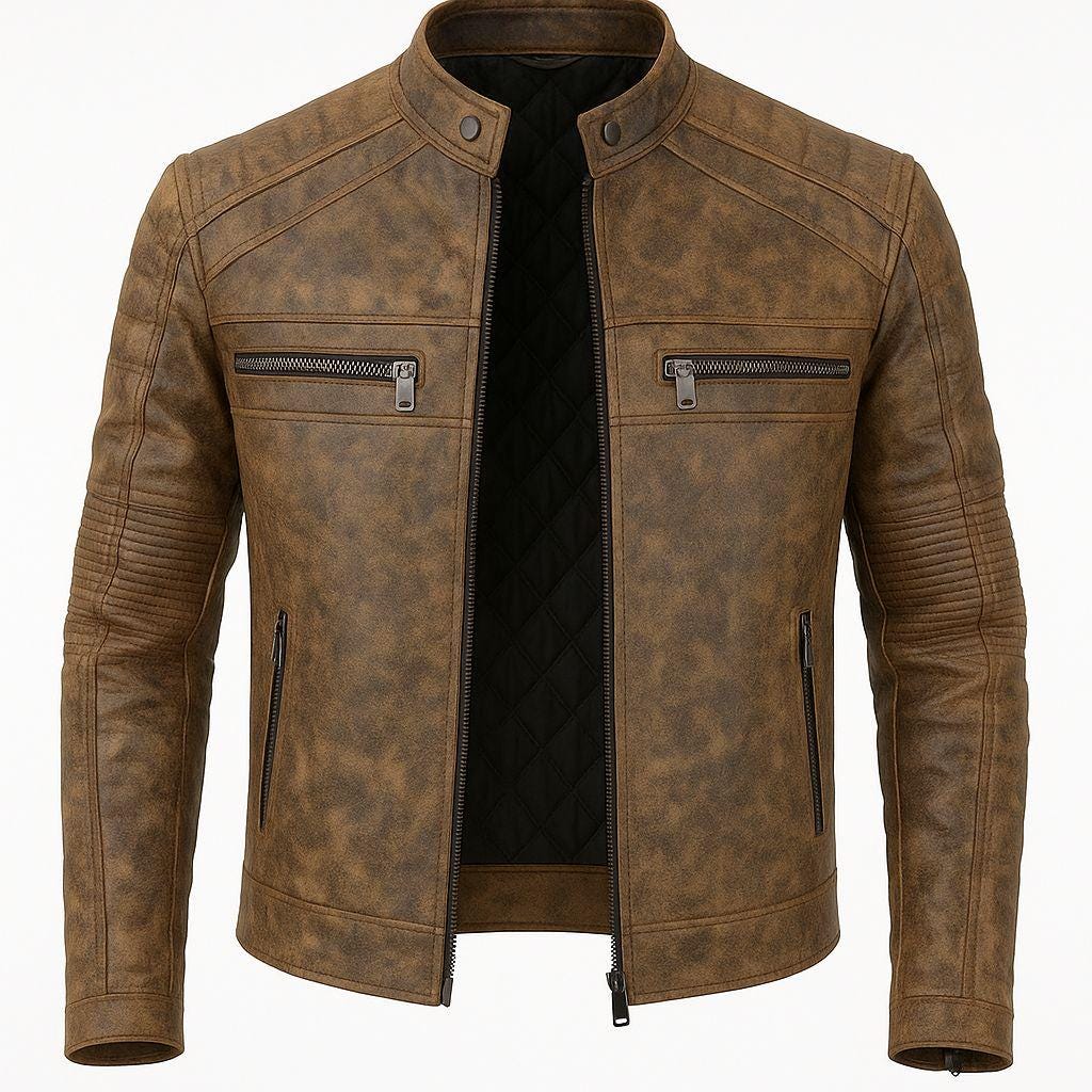 Distressed Brown Cowhide Leather Biker Jacket: Handmade Quilted Lining