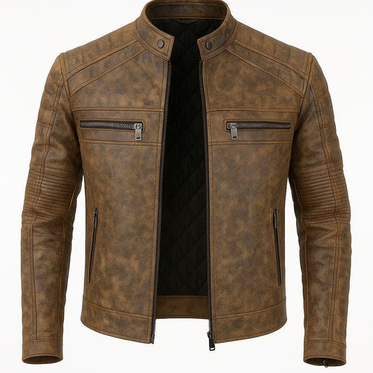 Distressed Brown Cowhide Leather Biker Jacket: Handmade Quilted Lining