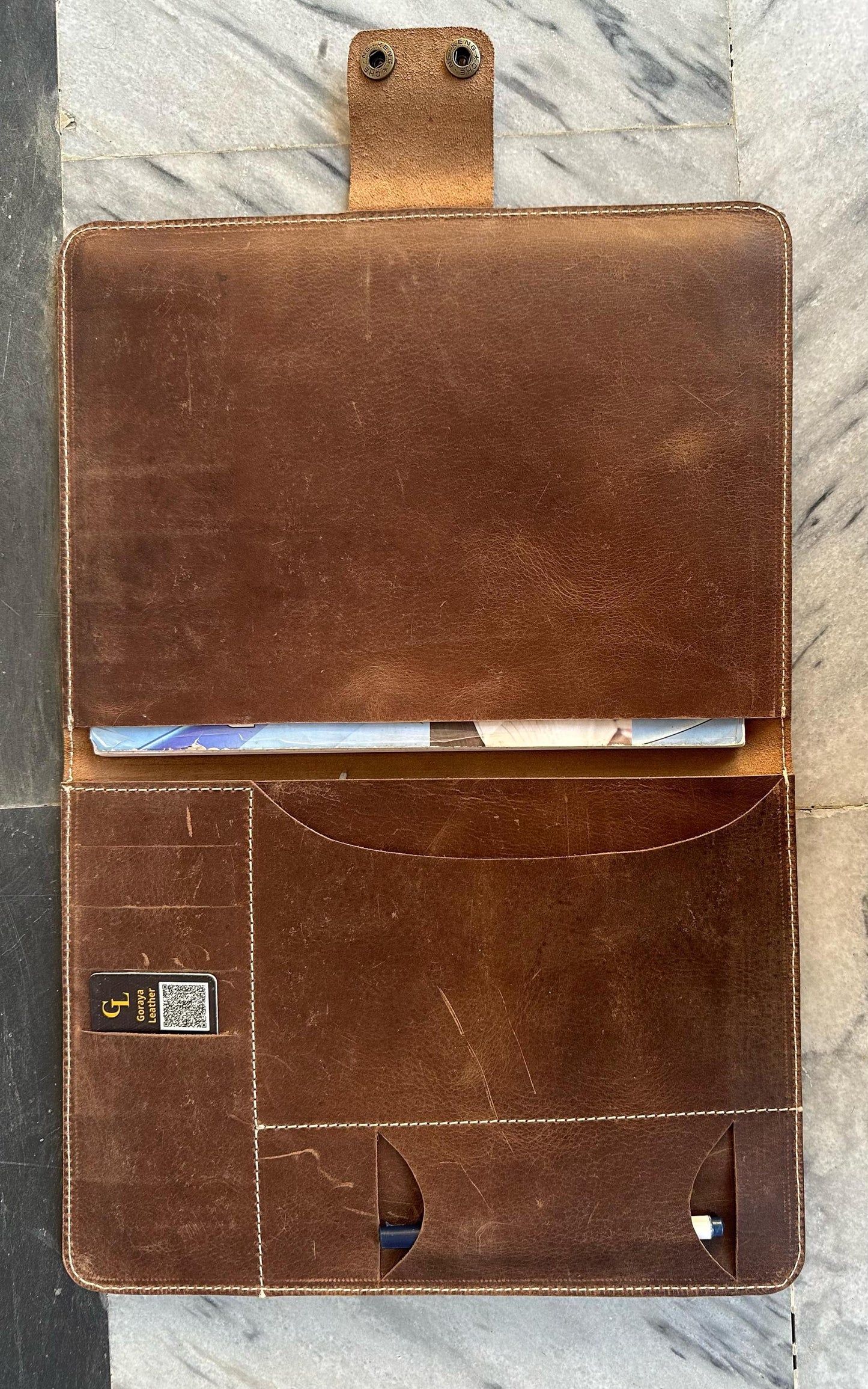 Handmade Brown Leather Portfolio Organizer – Executive Notebook & Document Cover