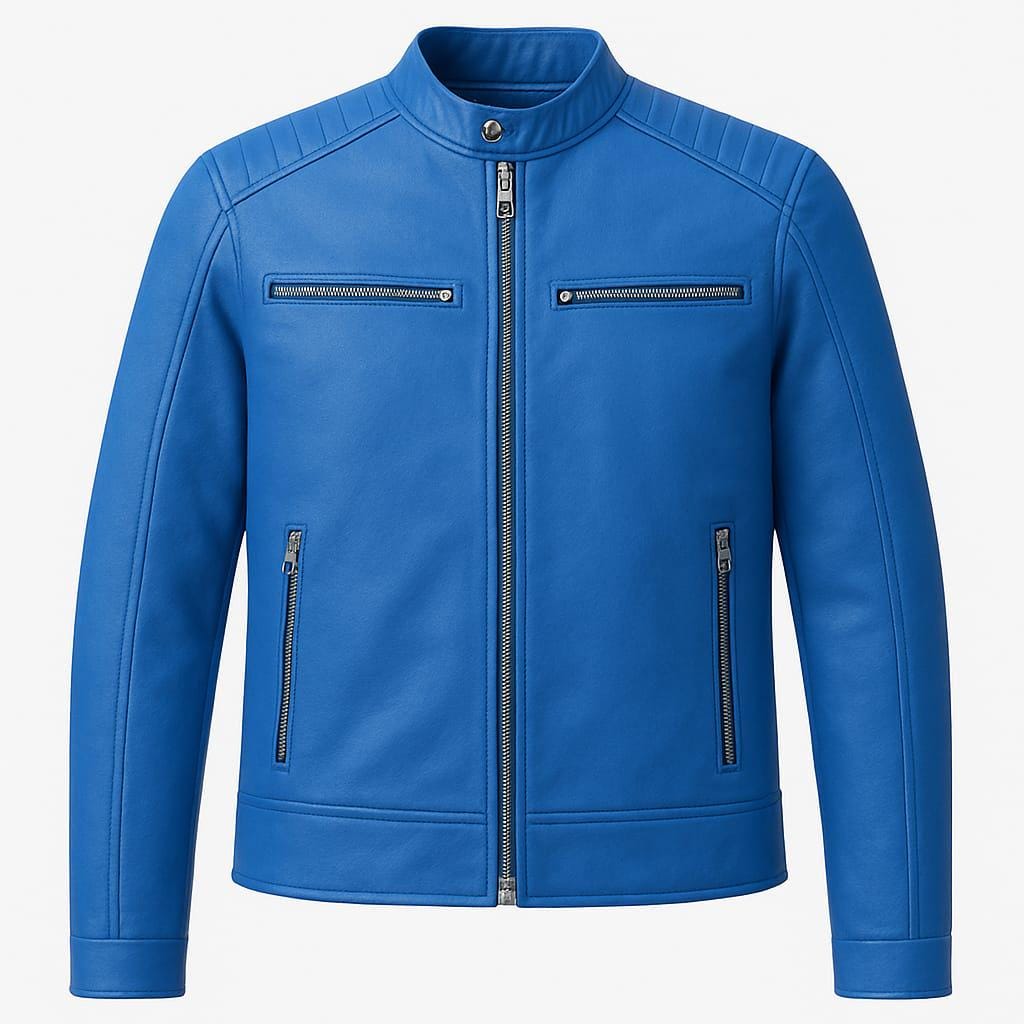 Handmade Blue Waxed Leather Biker Jacket: Black Effect Moto Style