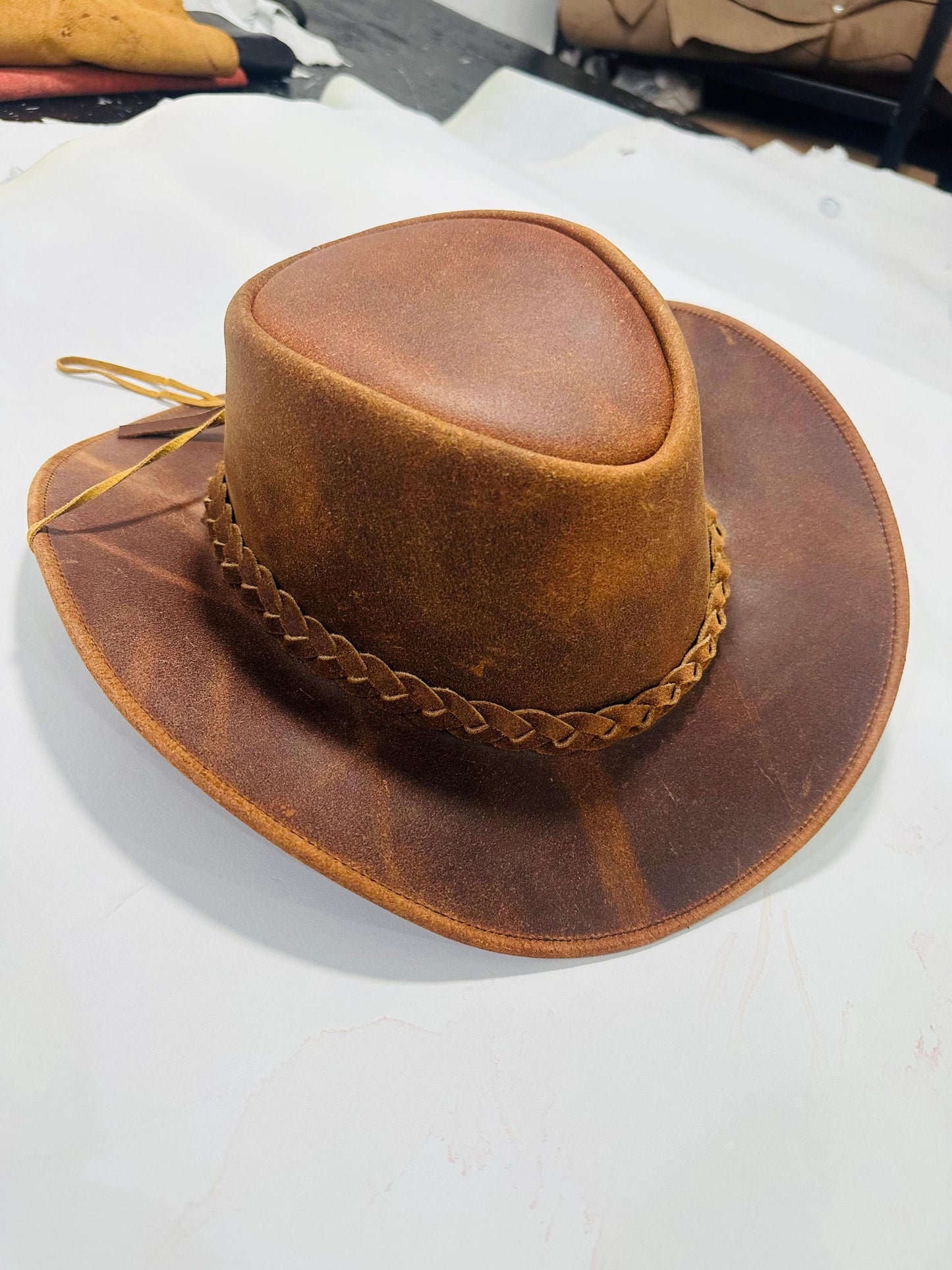Handmade Vintage Leather Cowboy Hat – Western Outback Style with Braided Band