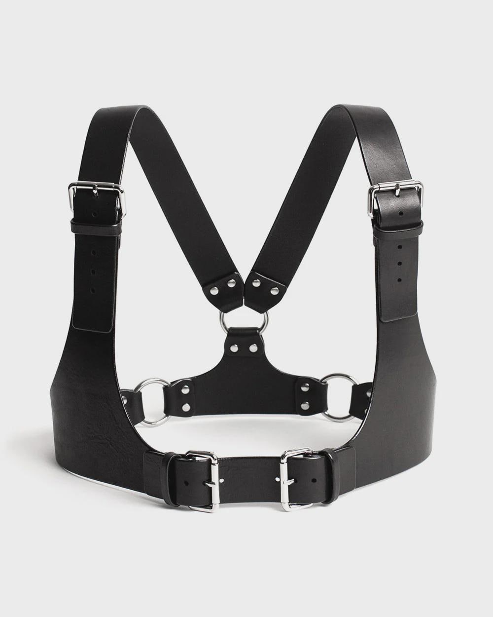 Men's Leather Chest Harness: Adjustable Black Genuine Leather with Metal Buckles