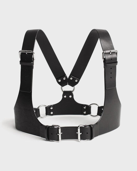Men's Leather Chest Harness: Adjustable Black Genuine Leather with Metal Buckles