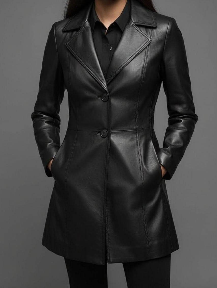 Handmade Black Cow Leather Trench Coat - Elegant Winter Overcoat