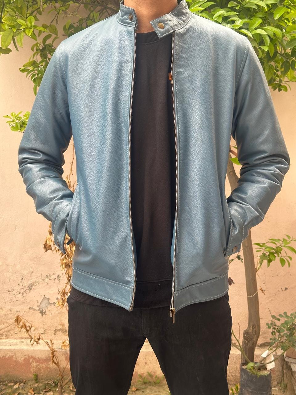 Blue Cow Leather Jacket: Modern Fitted Design