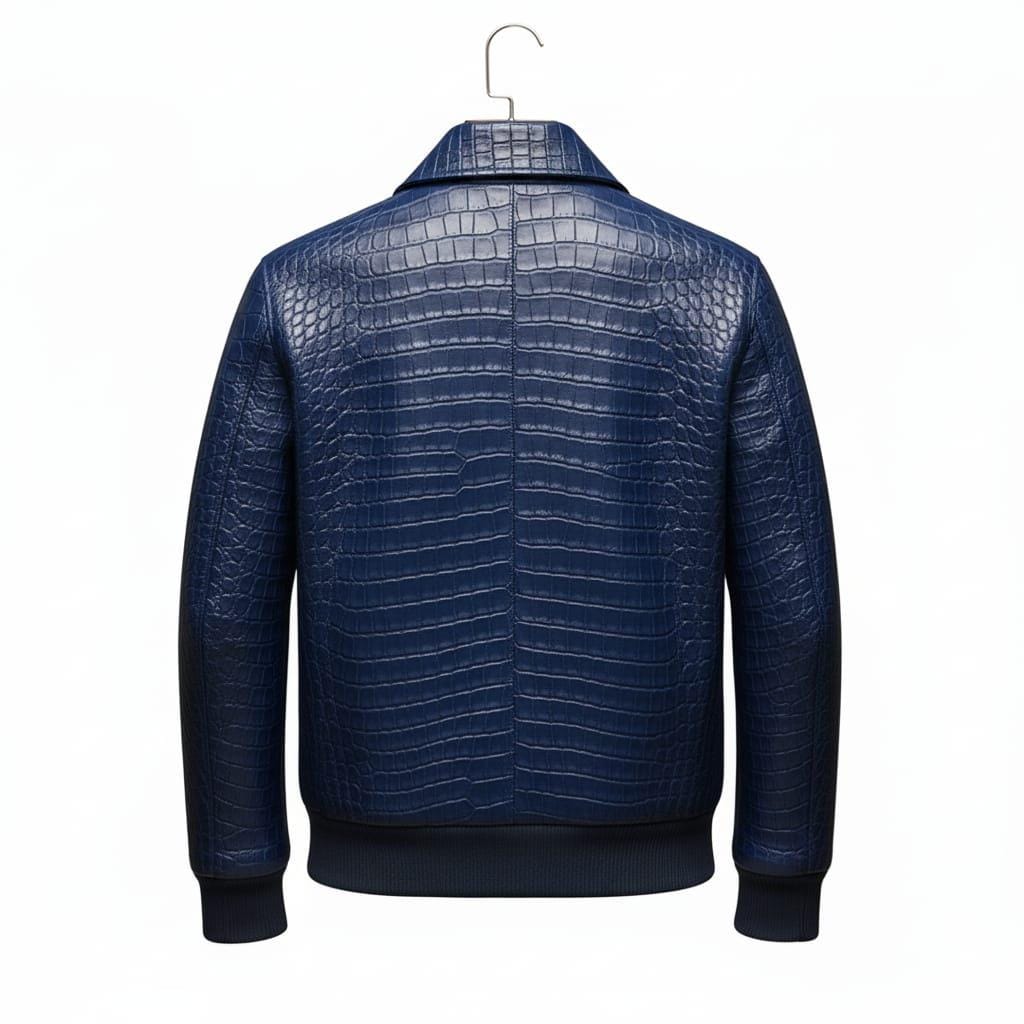 Handmade Blue Crocodile Embossed Leather Bomber Jacket