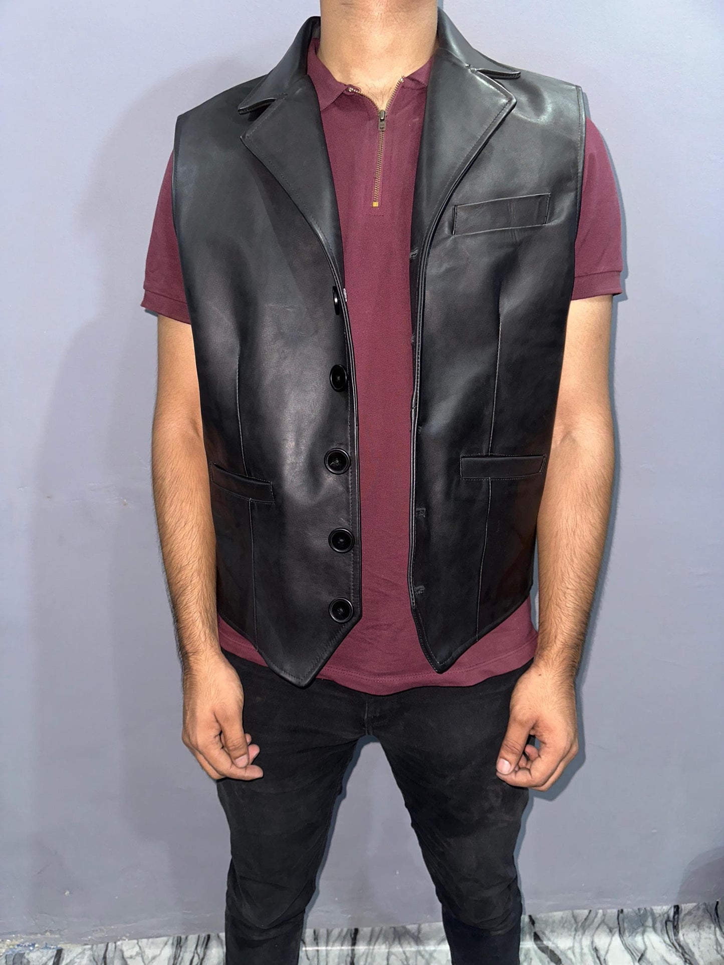 Handmade Cowhide Leather Vest: Classic Black Biker Waistcoat