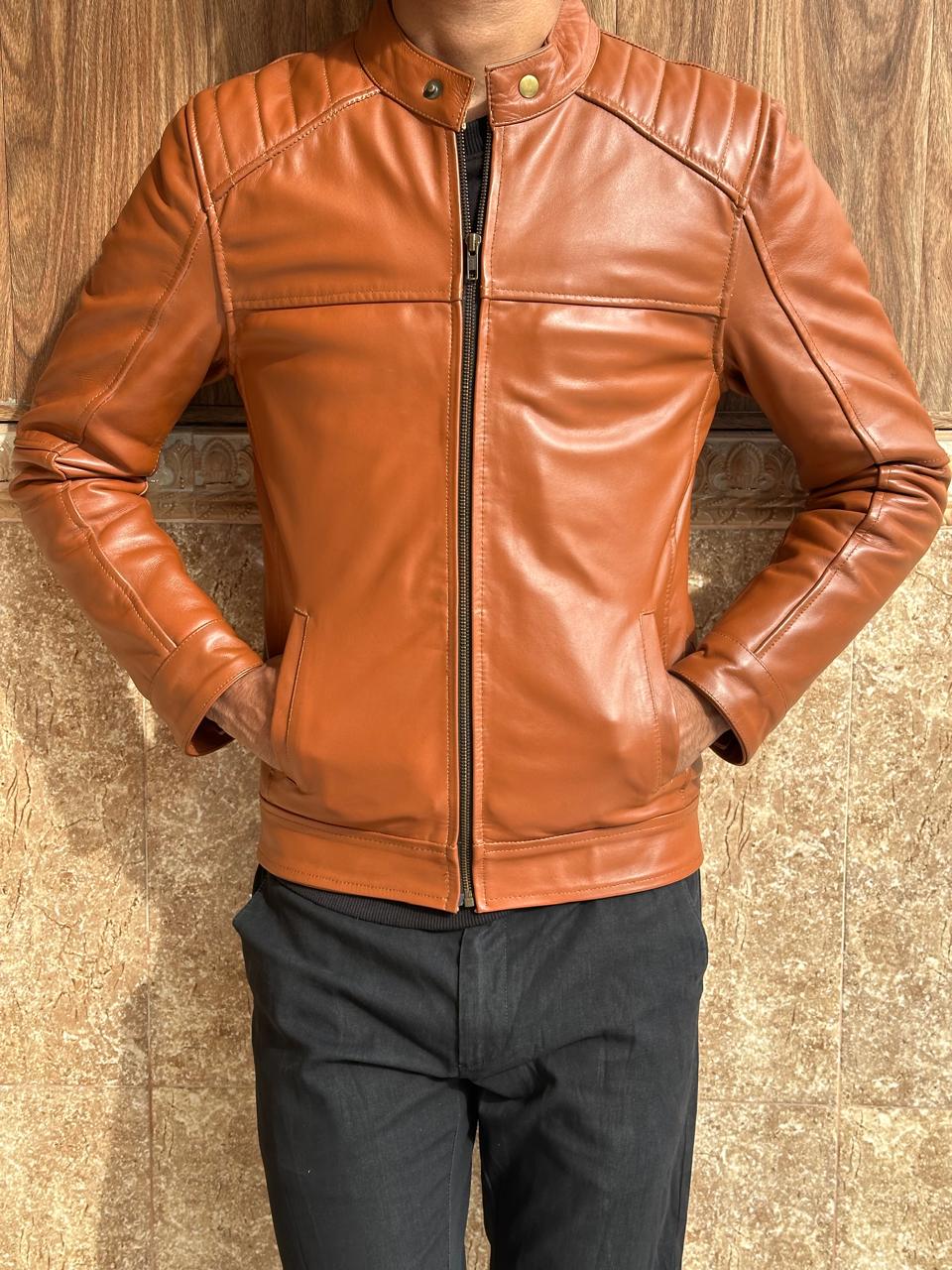 Camel Cow Leather Jacket: Modern Fitted Design
