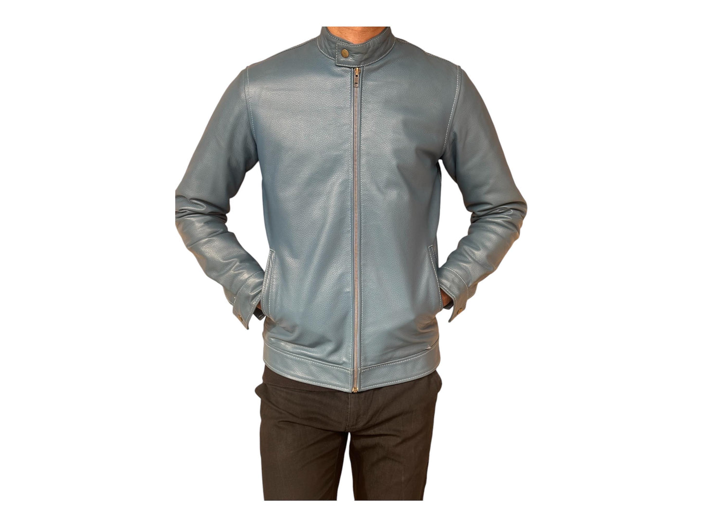 Blue Cow Leather Jacket: Modern Fitted Design