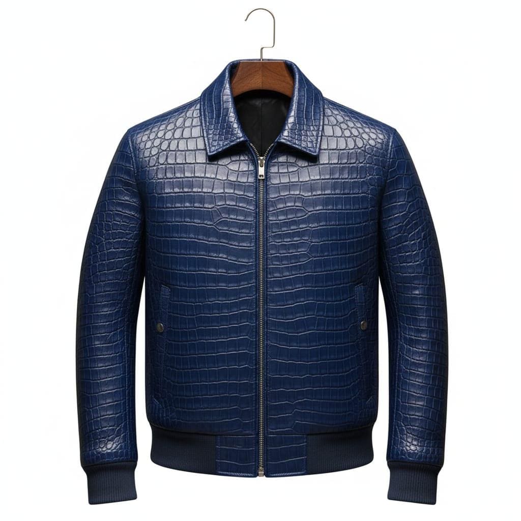 Handmade Blue Crocodile Embossed Leather Bomber Jacket