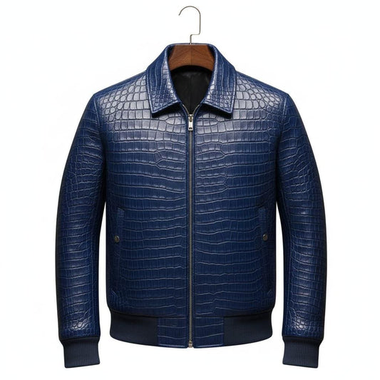 Handmade Blue Crocodile Embossed Leather Bomber Jacket