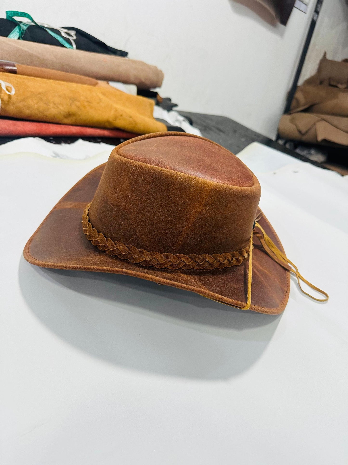 Handmade Vintage Leather Cowboy Hat – Western Outback Style with Braided Band