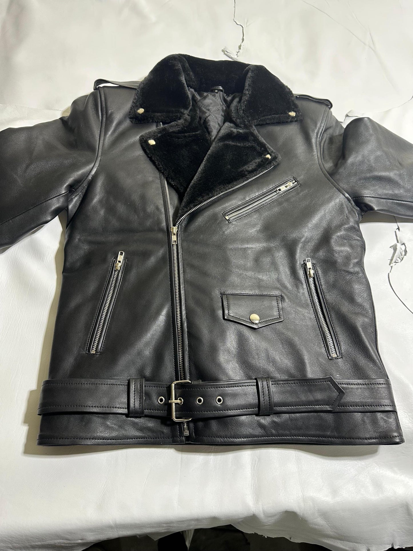 Handmade Genuine Leather Jacket for Men with Fur Collar – Vintage Winter Coat