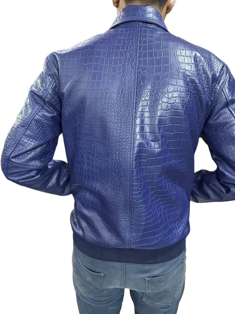 Handmade Blue Crocodile Embossed Leather Bomber Jacket