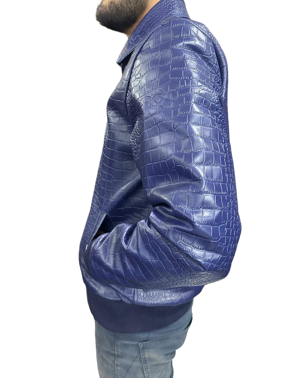 Handmade Blue Crocodile Embossed Leather Bomber Jacket