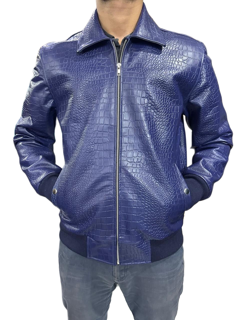 Handmade Blue Crocodile Embossed Leather Bomber Jacket