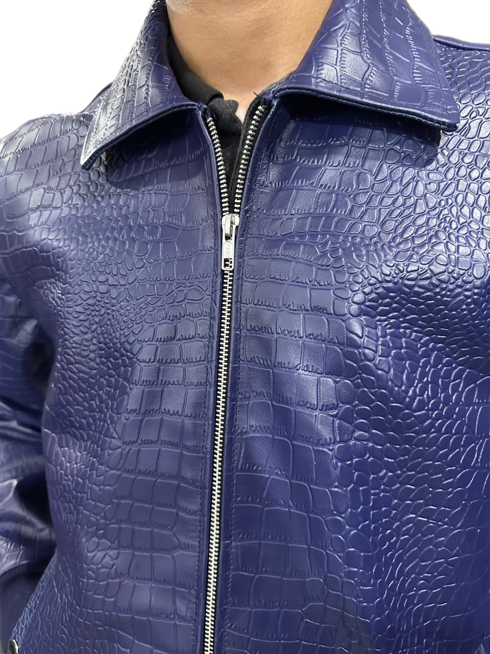 Handmade Blue Crocodile Embossed Leather Bomber Jacket