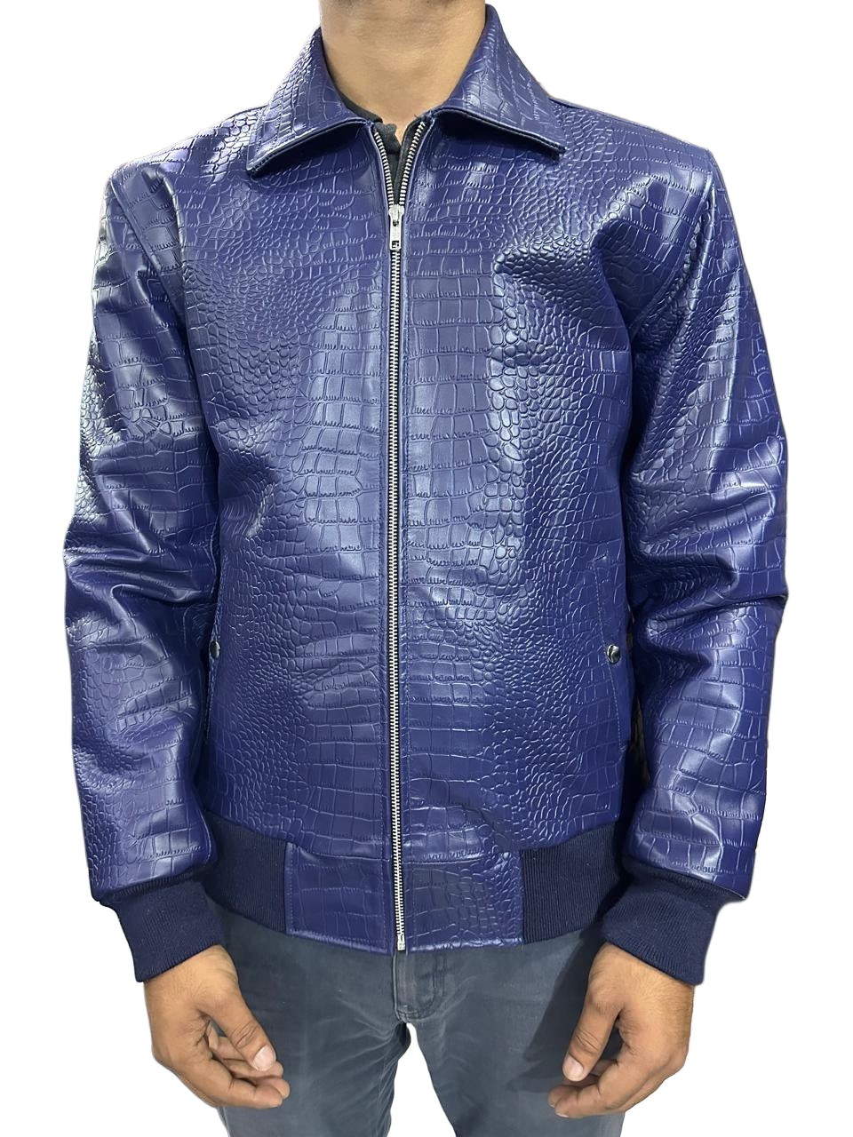 Handmade Blue Crocodile Embossed Leather Bomber Jacket