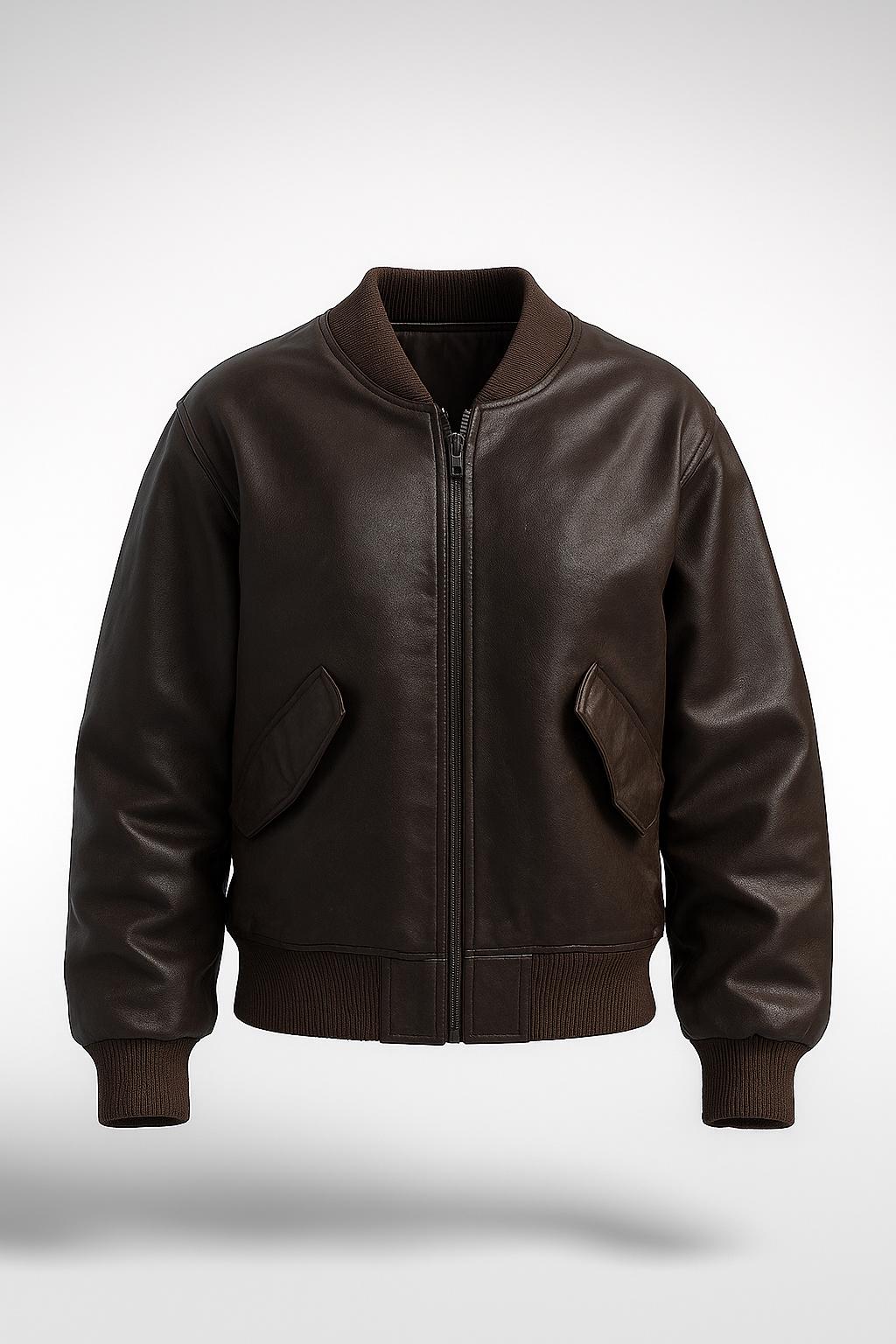 Handmade Dark Brown Leather Bomber Jacket: Vintage Style Cowhide Outerwear