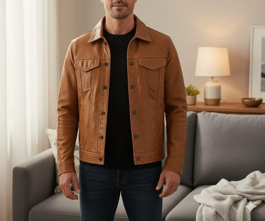 Handmade Cow Leather Trucker Jacket - Classic Fit Outerwear