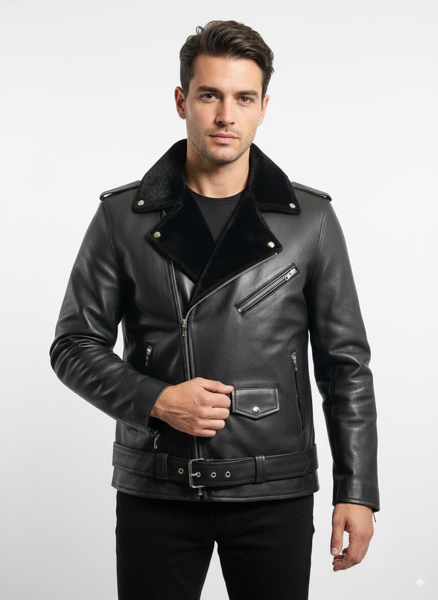 Handmade Genuine Leather Jacket for Men with Fur Collar – Vintage Winter Coat