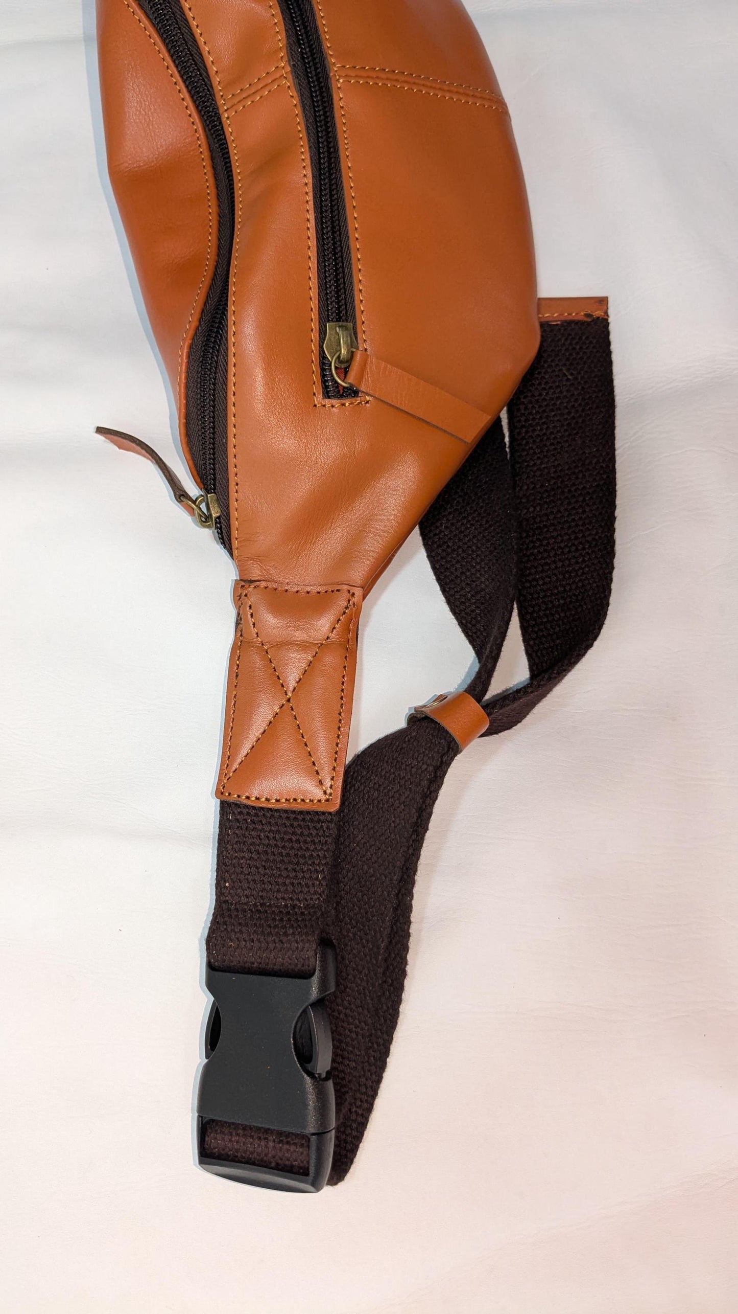 Handmade Leather Fanny Pack: Brown Crossbody Belt Bag with 3 Zipper Pockets