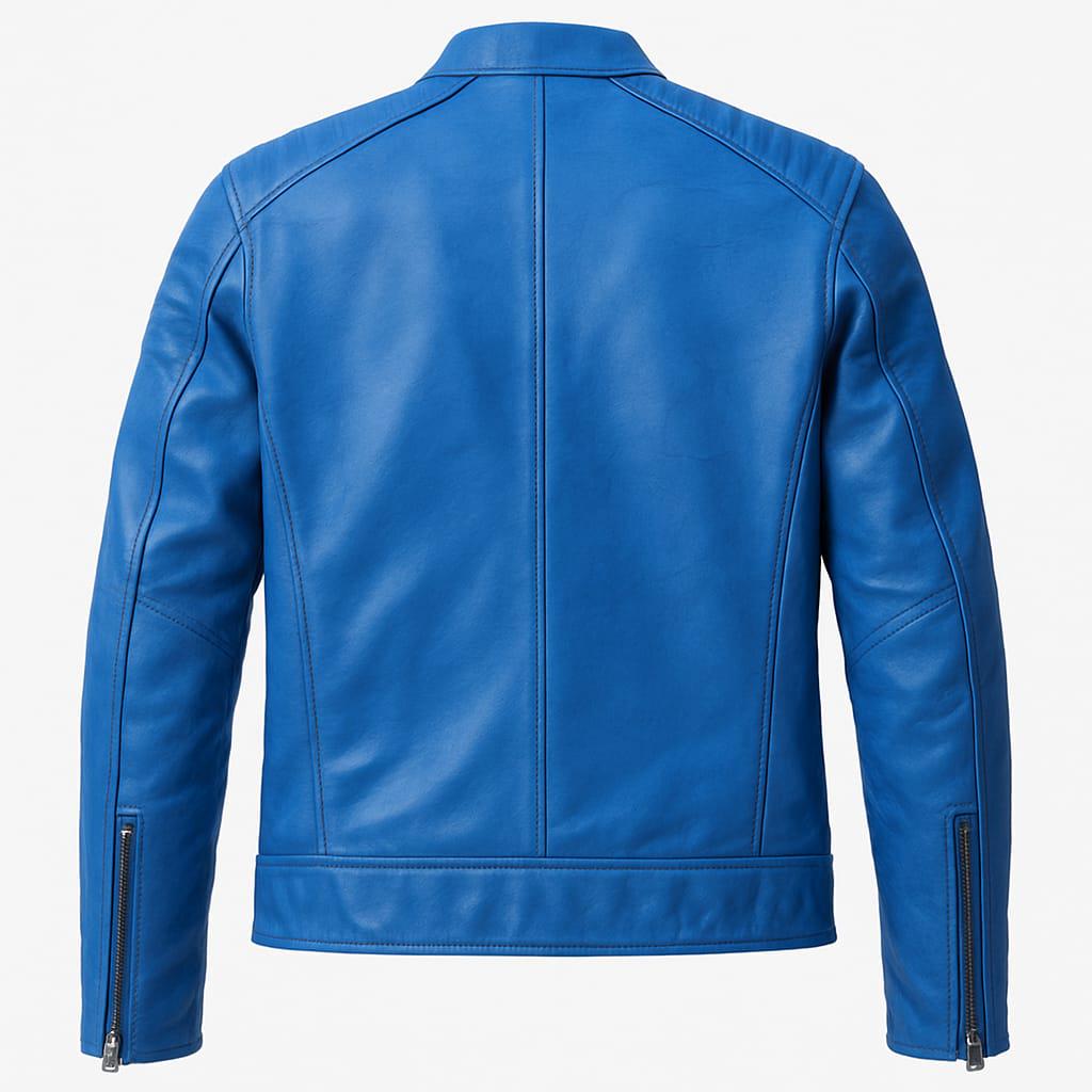 Handmade Blue Waxed Leather Biker Jacket: Black Effect Moto Style