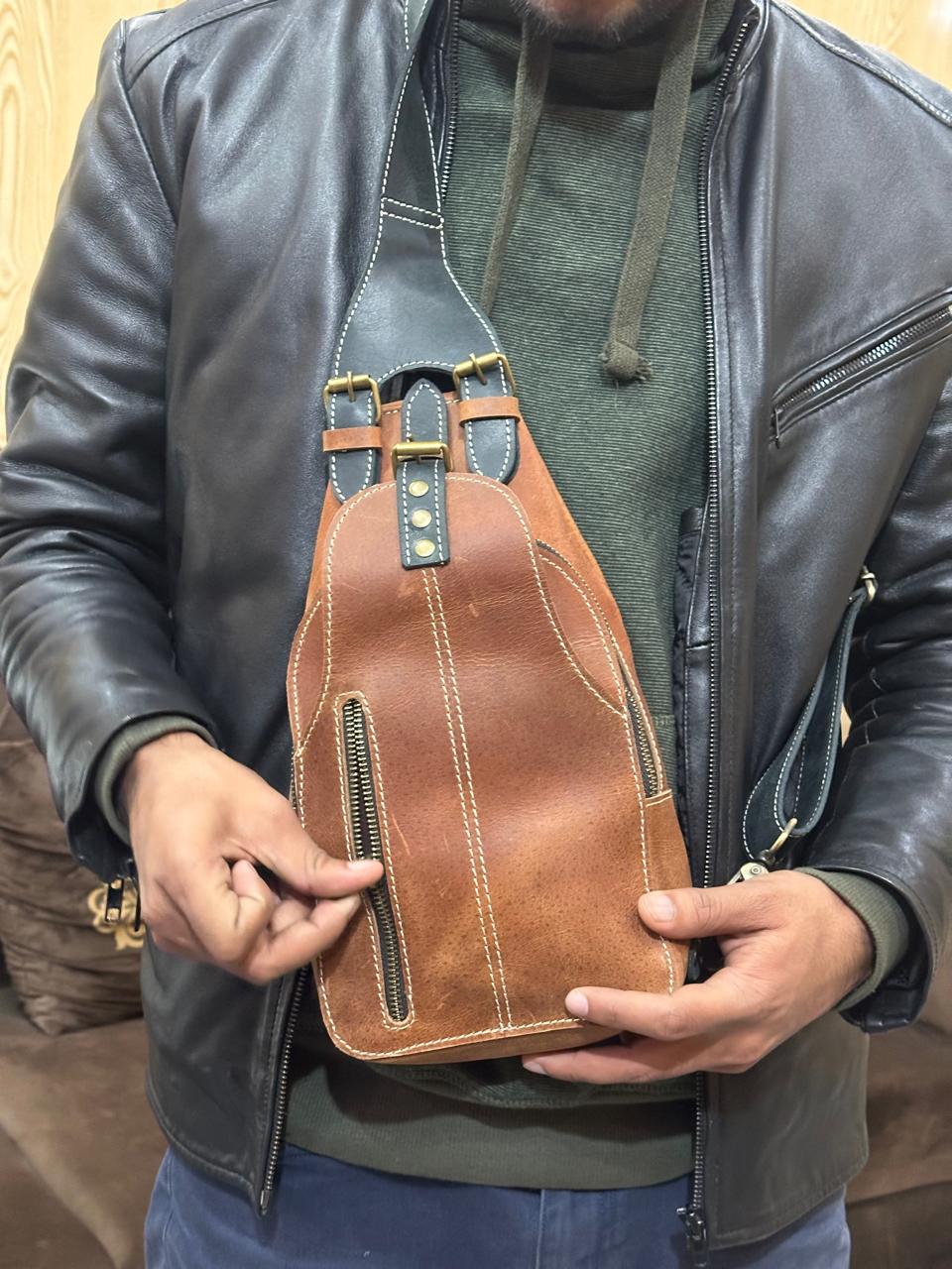 Handmade Genuine Leather Crossbody Sling Bag – Vintage Brown Shoulder Bag with Adjustable Strap