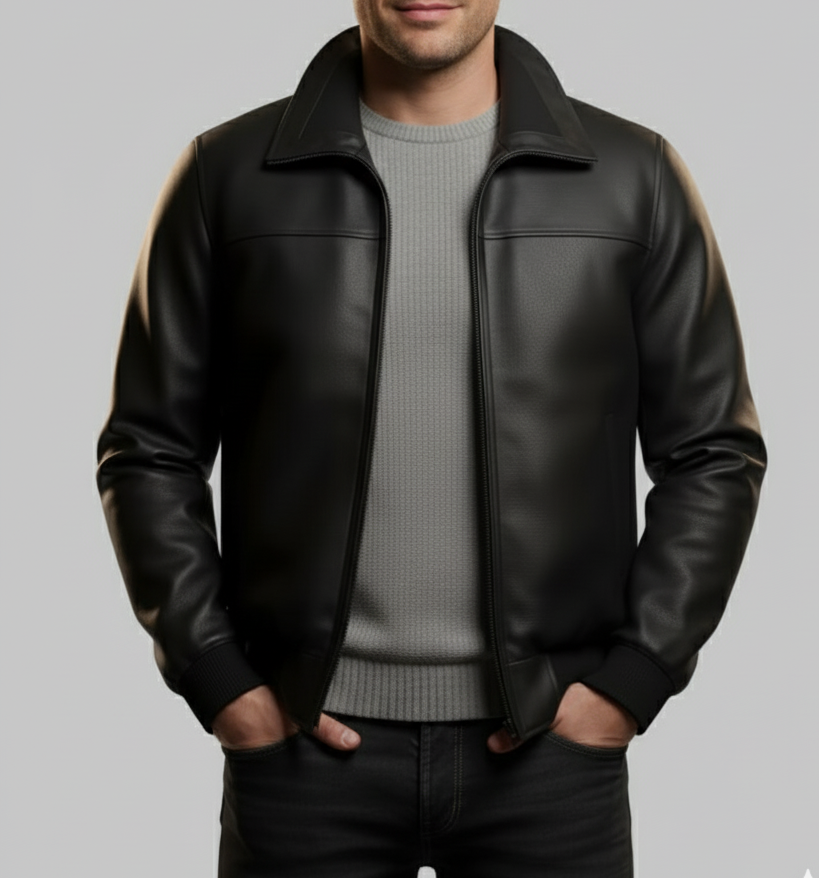 Men’s Black Leather Jacket | Genuine Cowhide Bomber | Handmade Real Leather Outerwear