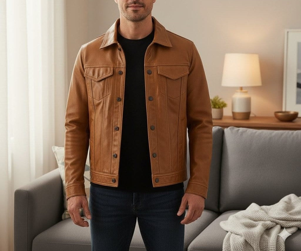 Handmade Cow Leather Trucker Jacket - Classic Fit Outerwear