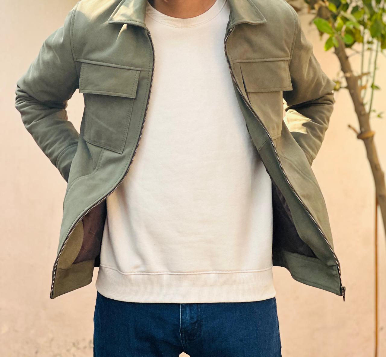 Olive Green Nubuck Leather Jacket: Men's Military Style Outerwear