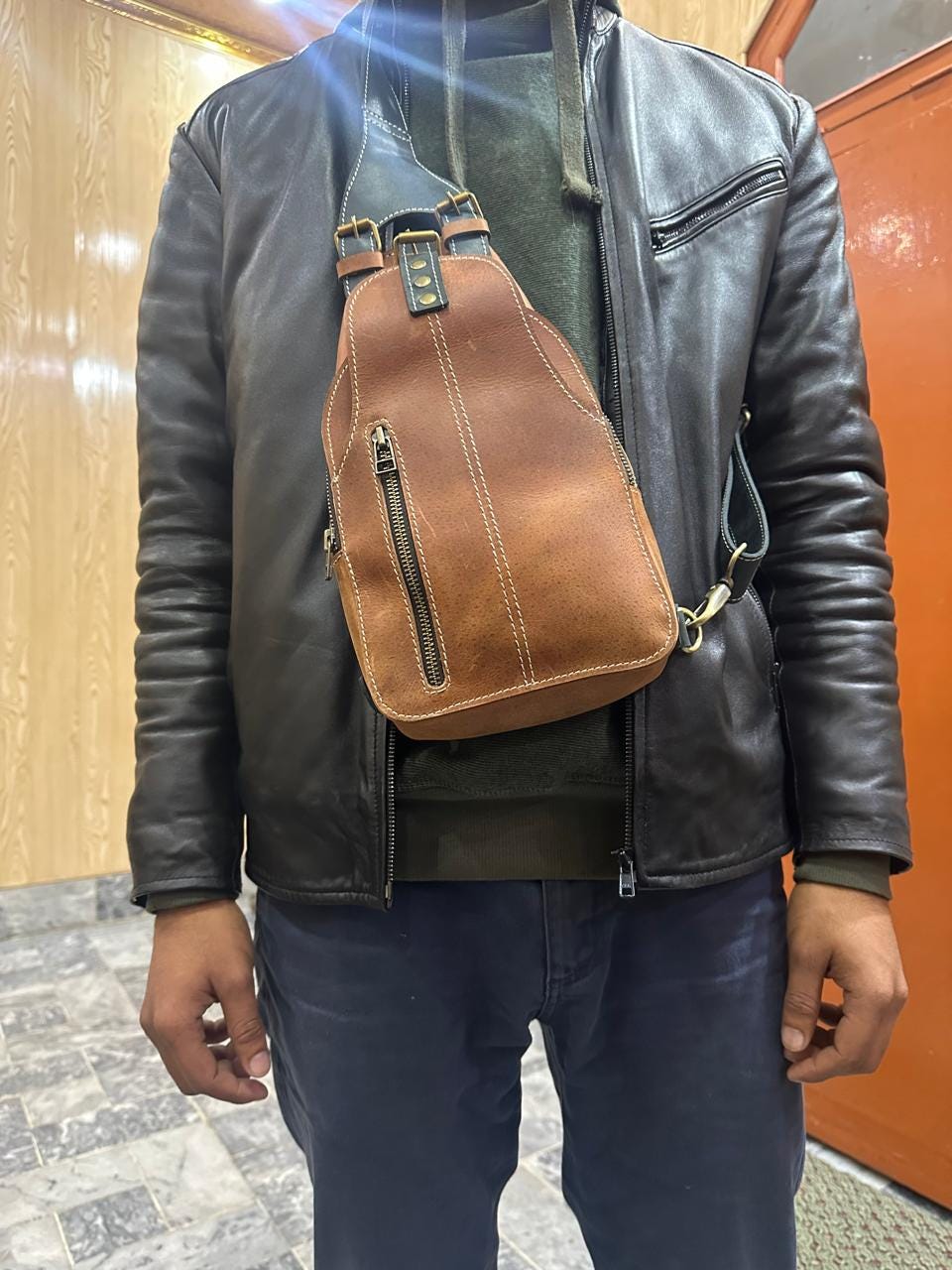 Handmade Genuine Leather Crossbody Sling Bag – Vintage Brown Shoulder Bag with Adjustable Strap