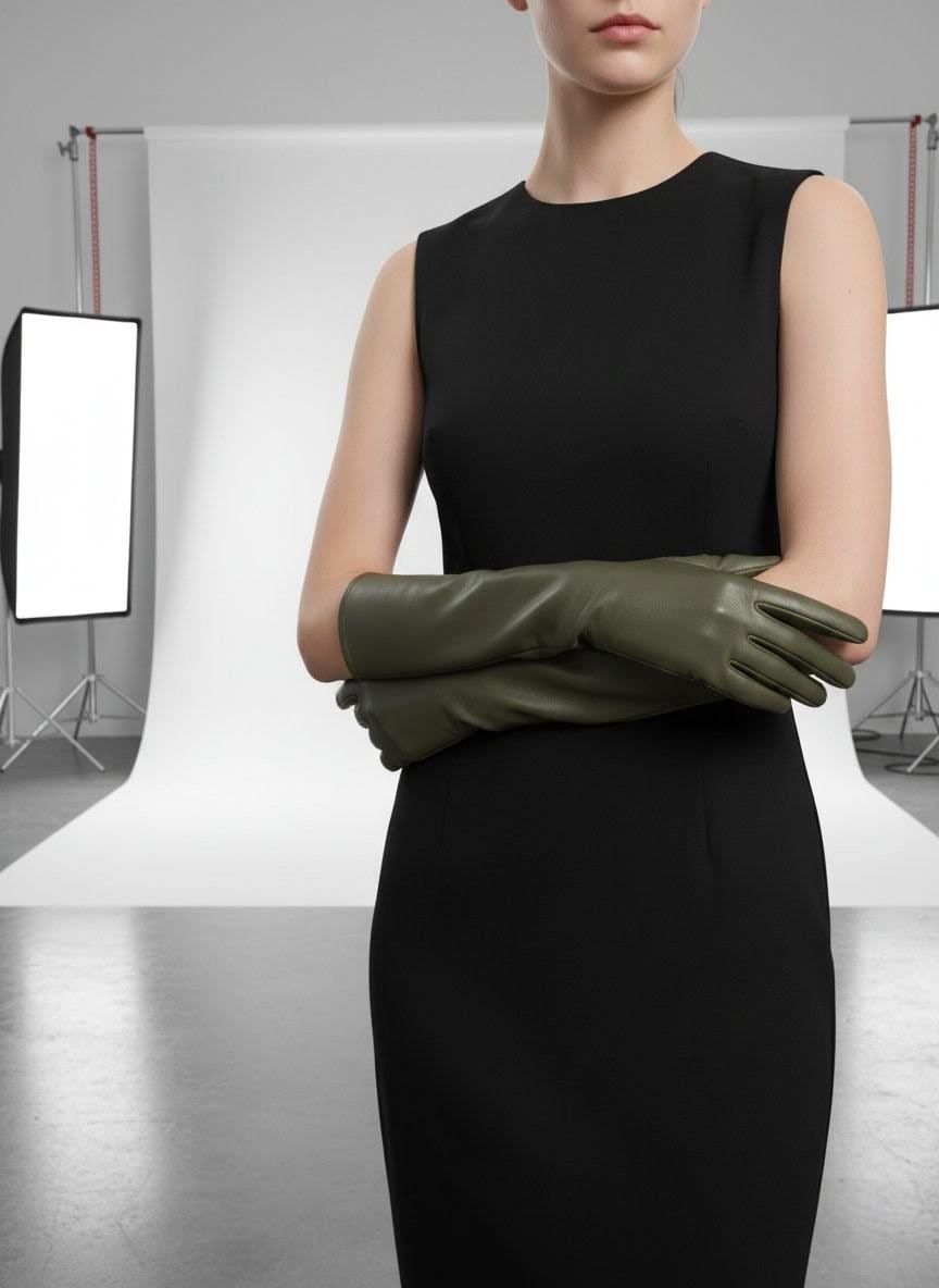 Handmade Green Sheep Leather Opera Gloves: Long Evening Gloves