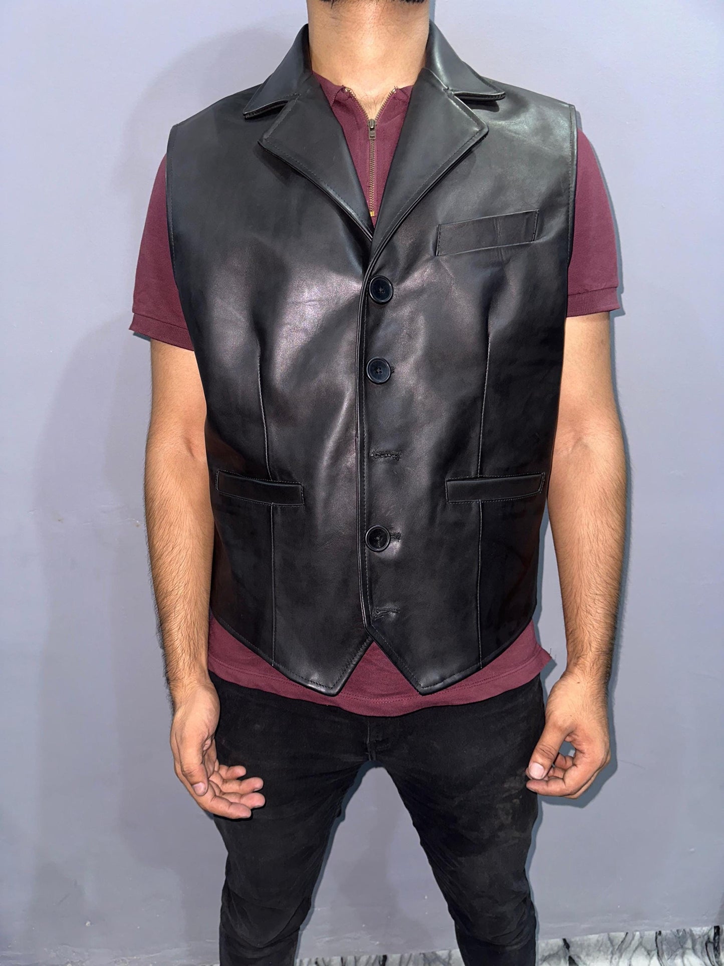 Handmade Cowhide Leather Vest: Classic Black Biker Waistcoat